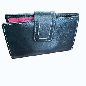 Fossil Black Leather Wallet Pink Interior Bifold Snap Tab Zip Pocket